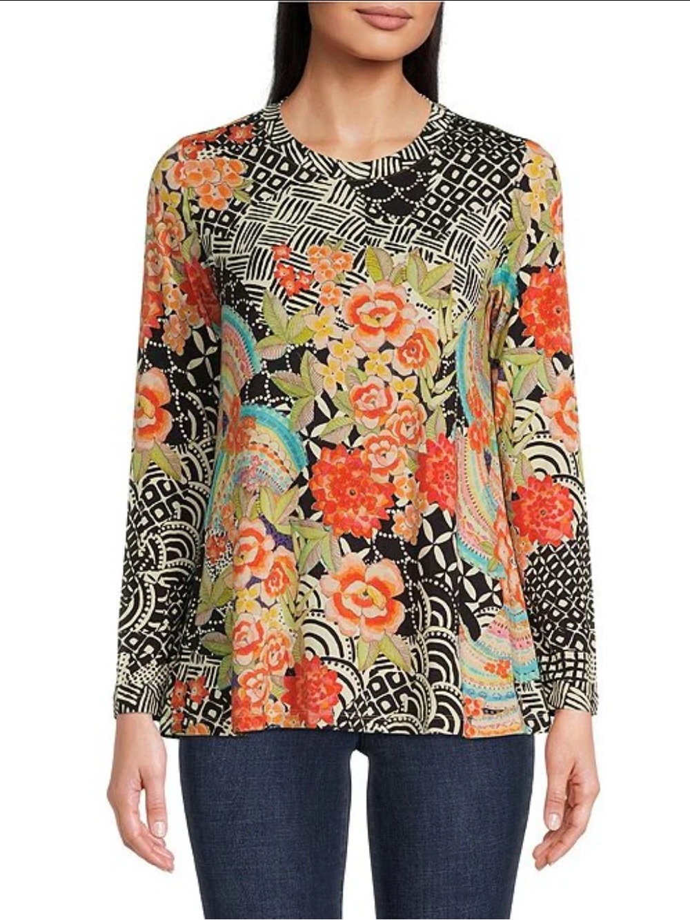 JOHNNY WAS Sunrise Favorite Patchwork Floral Geo Print Long Sleeve Tee Shirt XL